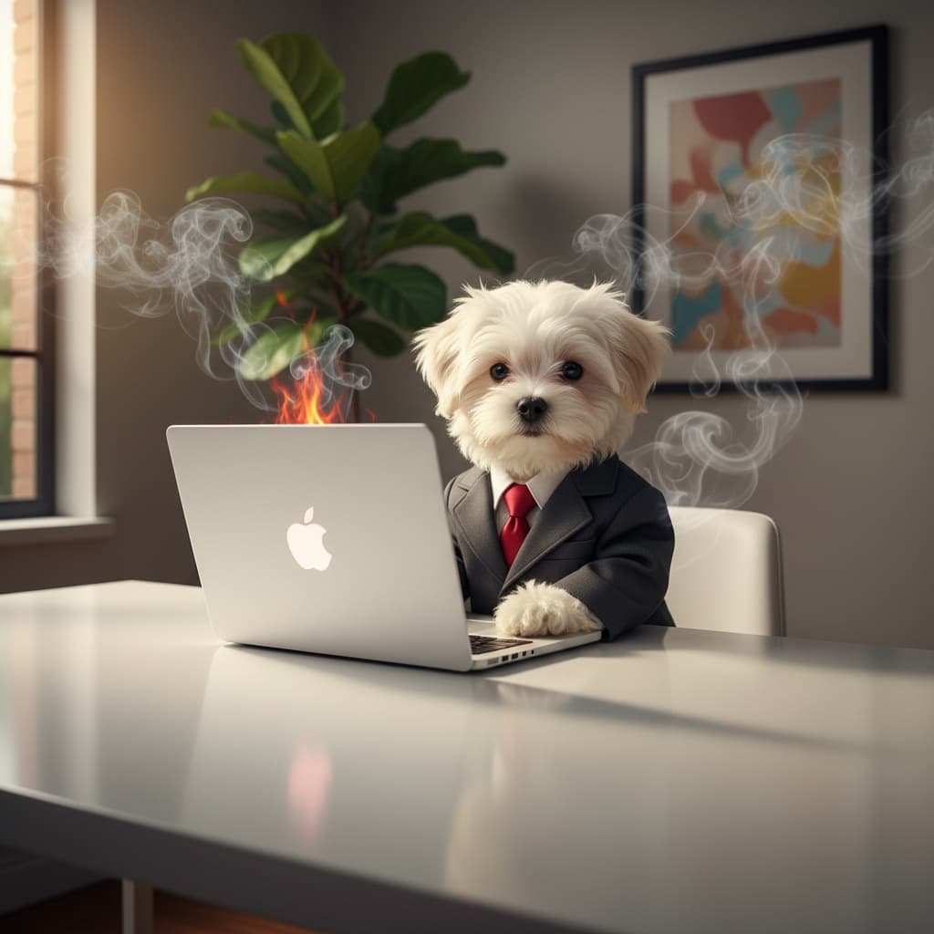 Whimsical puppy in a suit at a laptop with dramatic VFX