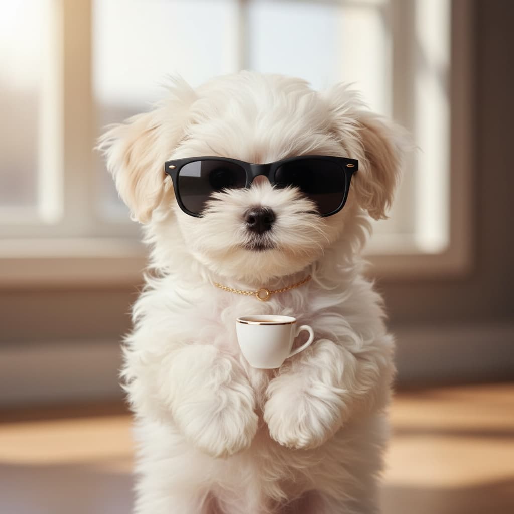 Stylish puppy with sunglasses and coffee
