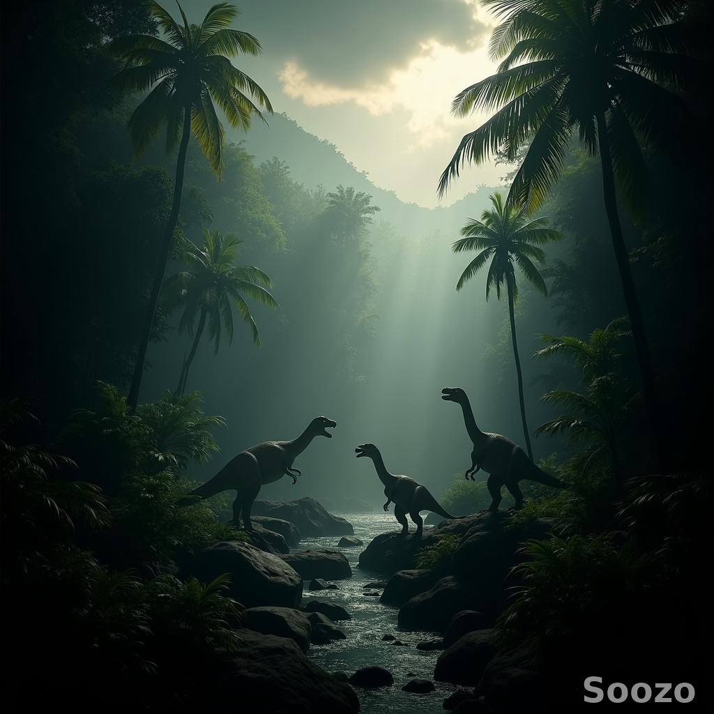 Prehistoric jungle scene with dinosaurs at dawn