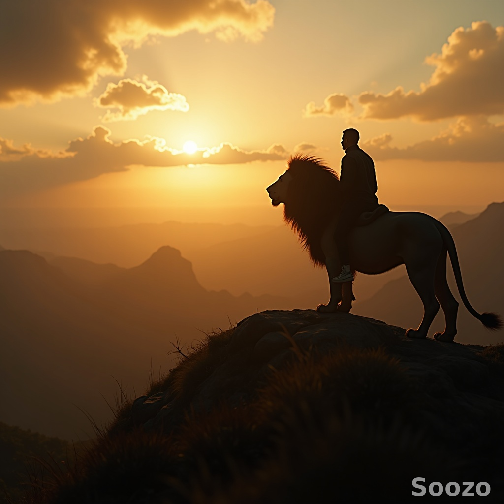 Silhouette of a rider on a lion at golden hour