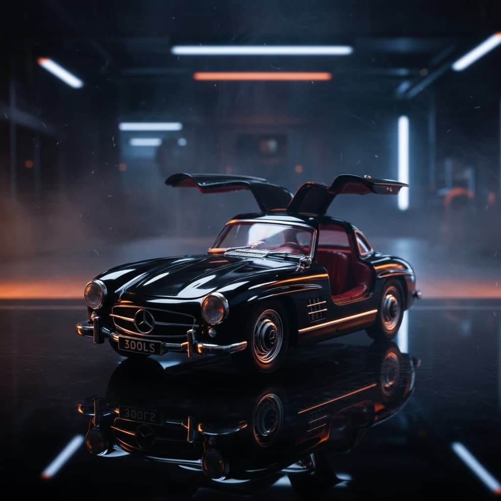 Cinematic Mercedes 300SL gullwing in a neon-lit studio