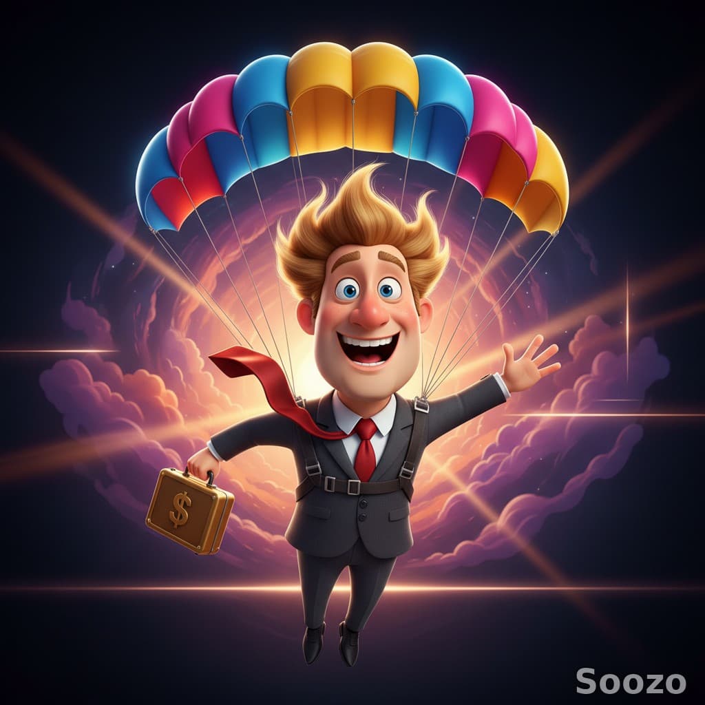Stylized businessman skydiving with a colorful parachute and briefcase