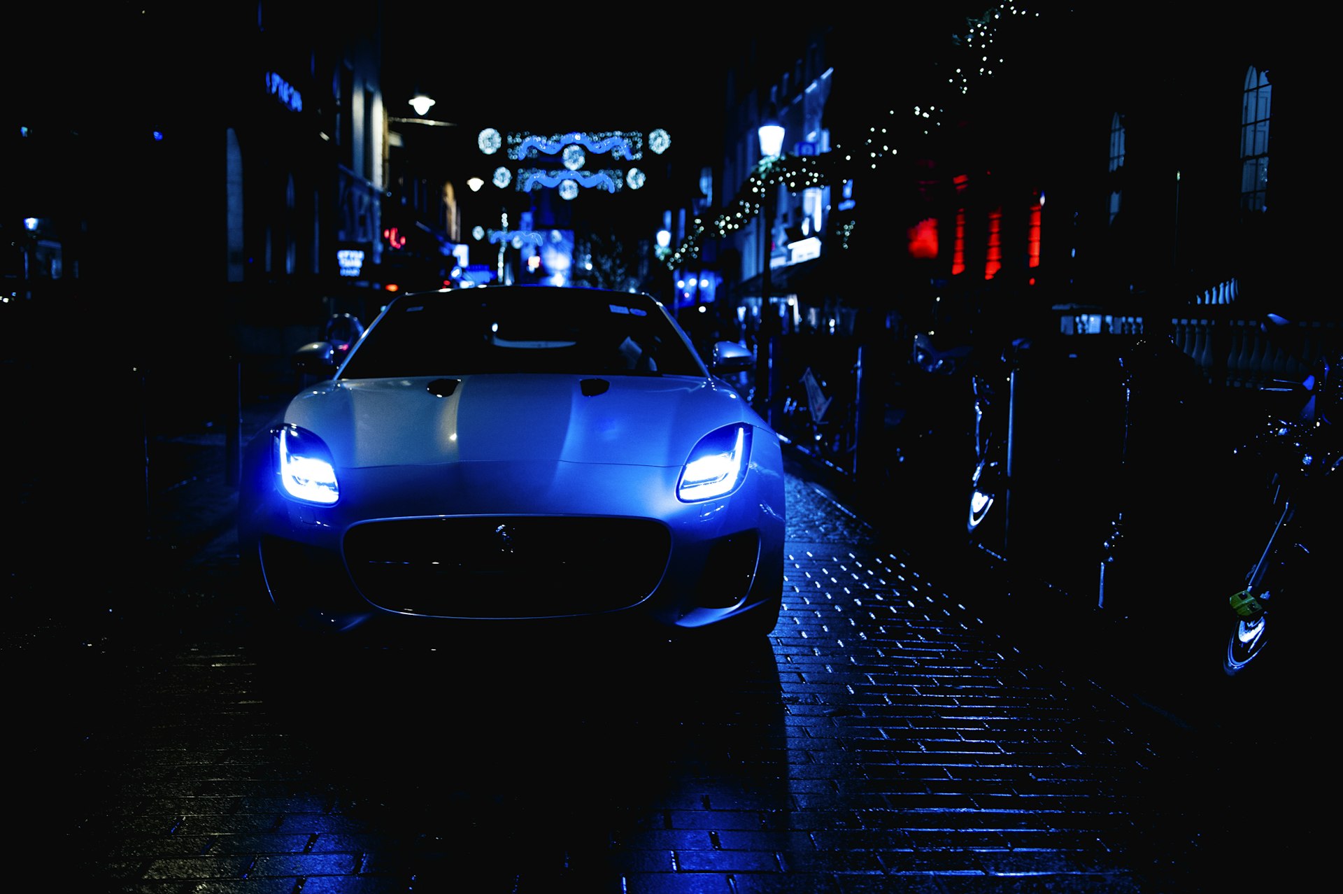 Bugatti Chiron, cinematic city night, wet road reflections, teal-orange grade